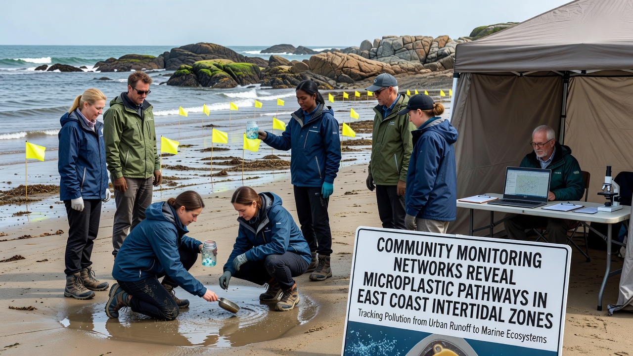 Microplastic particles collected from East Coast intertidal sediment samples under magnification
