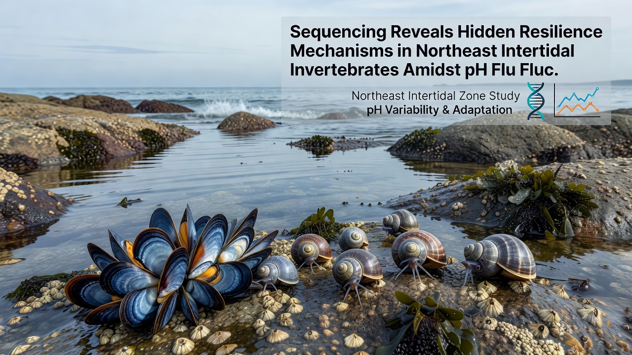 Close-up view of intertidal invertebrates including mussels and barnacles attached to rocks during a pH monitoring study